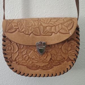 Hand-Tooled Floral Leather Crossbody Bag - Tan